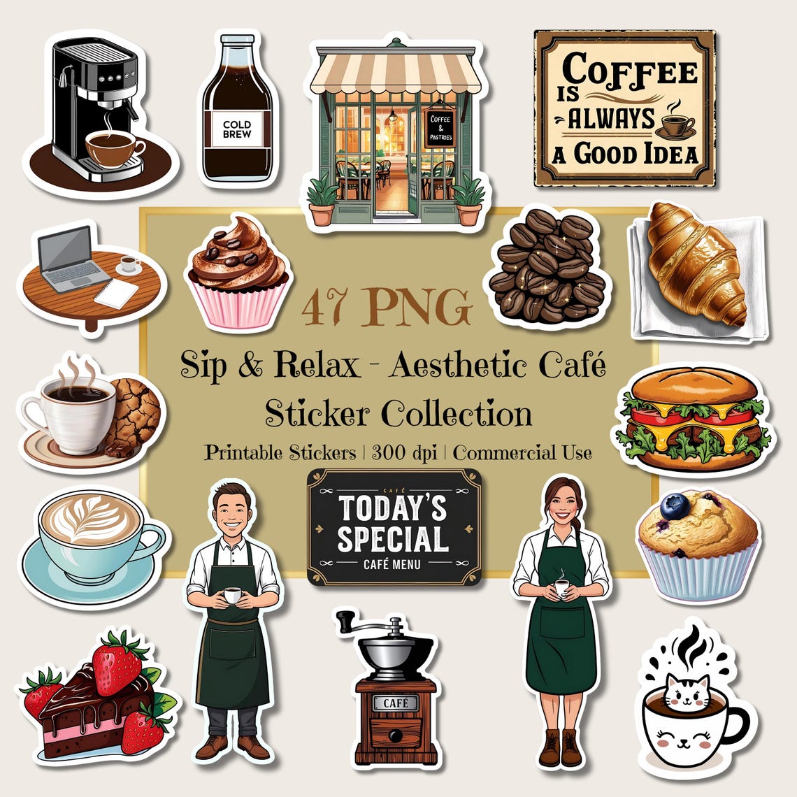 Cafe Sticker Bundle: 47 PNG Coffee Shop Designs (commercial Use ...