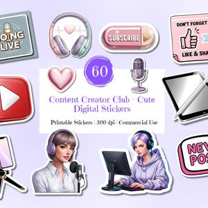 Content Creator Sticker Bundle: 60 PNG Planner Stickers (Commercial Use)
