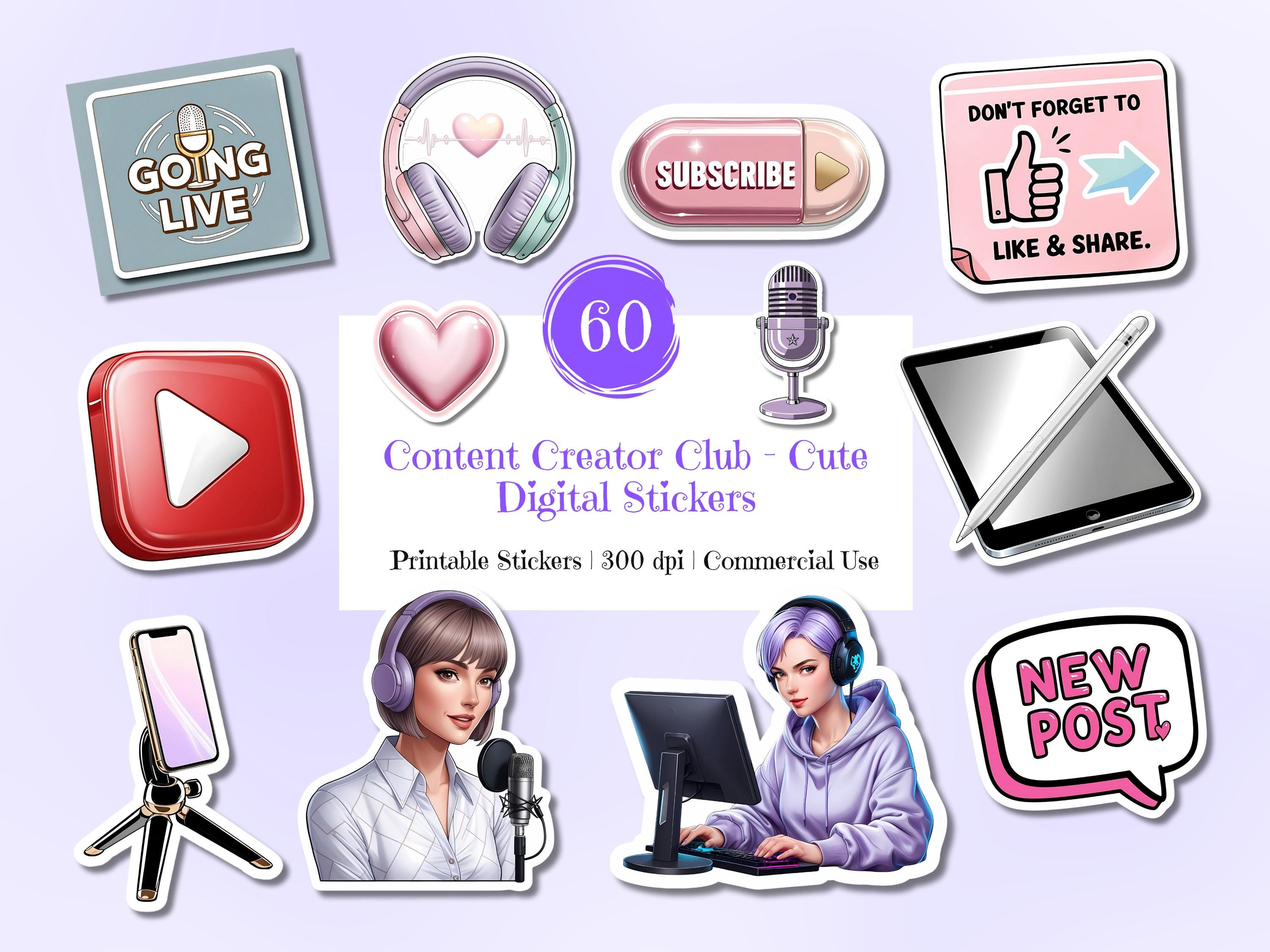 Content Creator Sticker Bundle: 60 PNG Planner Stickers (commercial Use ...