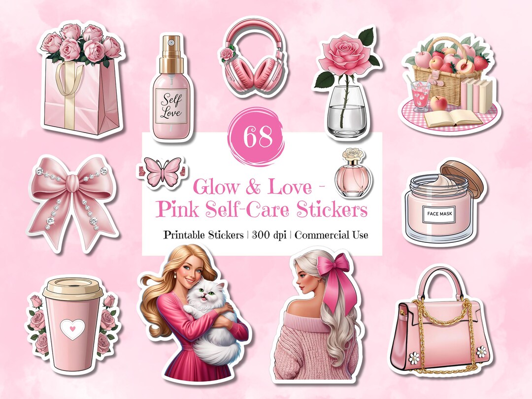 Pink Self-care Sticker Bundle: 68 PNG Stickers (commercial Use) - Etsy