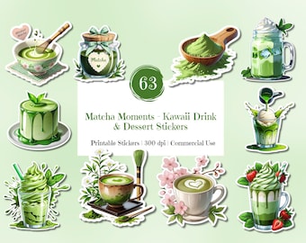 Matcha Stickers: Kawaii Drink & Dessert Planner Stickers (Commercial Use, Digital Download)