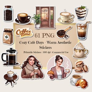 Café Aesthetic Sticker Bundle - Printable Stickers - 61 Pre-Cropped PNG Stickers - High-Resolution, Instant Download with Commercial Use