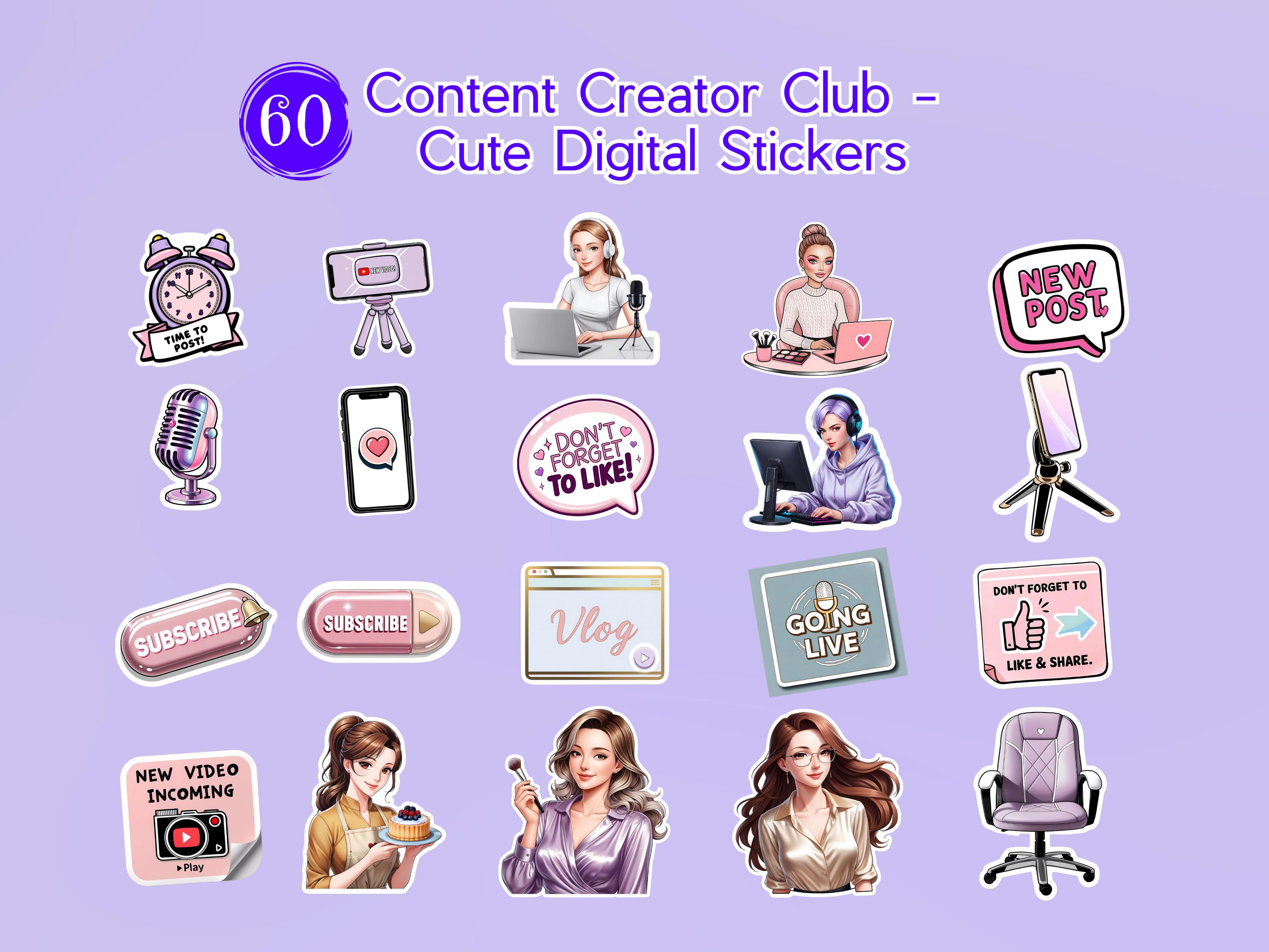 Content Creatore Sticker Content Creator Sticker Bundle: 60 PNG Planner Stickers (commercial Use ...