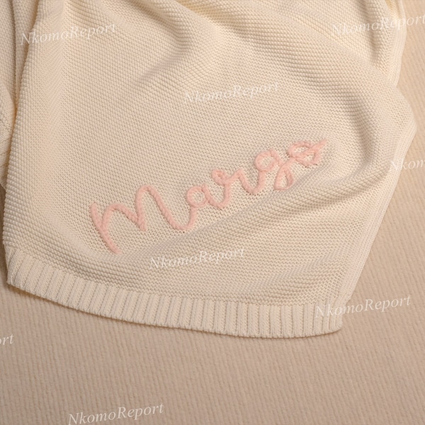 Hand-Embroidered Personalized Knit Baby Blanket: Custom Name Swaddle for Cozy Comfort - Ideal Gift for Baby Showers, Strollers, and Newborns