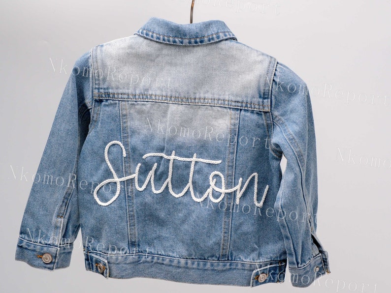 Hand-Embroidered Personalized Denim Jacket: 1st Birthday Outfit & First Birthday Gifts for Girls, Custom Jean Baby Jacket with Name Jumper image 1