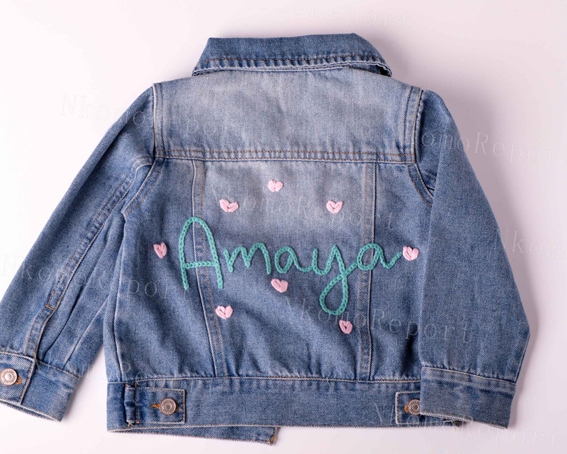 Hand-Embroidered Personalized Denim Jacket: 1st Birthday Outfit & First Birthday Gifts for Girls, Custom Jean Baby Jacket with Name Jumper image 2