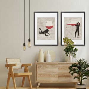 Wine Lovers, Set of 2 Art prints of Romantic Couple, Digital drawing, Unique Modern Wall Decor, Love, Glass of wine, Relationship Gift
