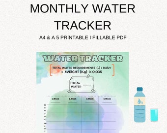 Printable Monthly Water Tracker | 1 Version Water Tracker | 28 Days Water Tracker | Instant Download | A4, A5