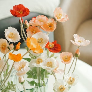 Artificial Wild Poppy Flower Stem With Leaves 4 Heads Meadow Poppies  Available in Red, Orange, Yellow, or White 