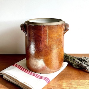 French Confit Jar Crock, Stunning Glossy Brown Glazed Stoneware, Medium Straight Grease Pot, Utensil Holder Indoor Planter Flower Pot