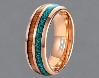 Men's Rose Gold Tungsten Ring, Turquoise Wood Inlay Ring, Promise Ring For Him, Wedding Engagement Couple Gift, Christmas Valentine Day Gift