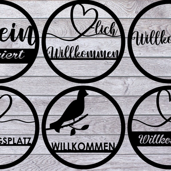 6 Türschilder - Willkommen Lasercut pdf ai svg png dxf rld