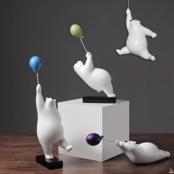 Cute Full Collection of Flying Balloon Polar Bears Wall Mount Decoration Resin Sculpture Figurine Home Interior Decoration