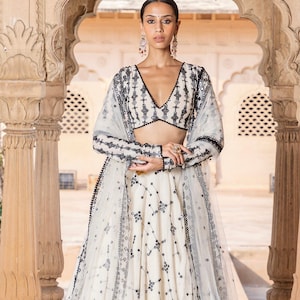 off-white wedding Lehengas for women Embroidery Designer, Party wear ethnic lehenga choli, Bollywood Heavy Lehenga choli white Indian skirt.