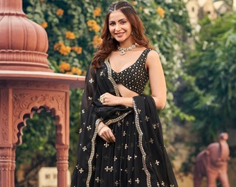 Black Georgette Lehenga Choli Set: Sequined Embroidered Indian Wedding Wear