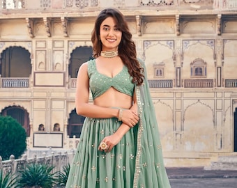 Olive Green Lehenga Choli Set: Sequined Embroidered Georgette Wedding Wear