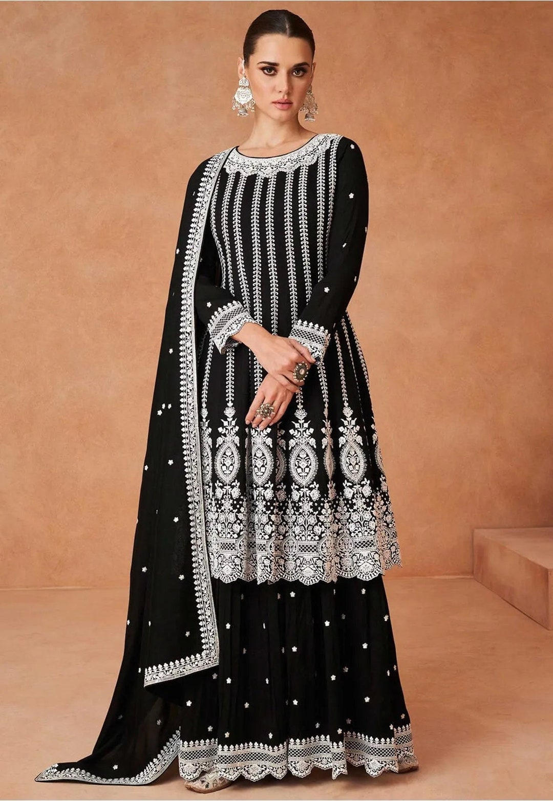 Women White Ethnic Floral Printed Flared Kurta With Palazzo And Dupatta