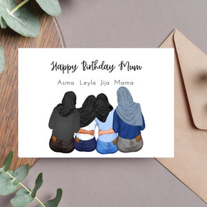 Gepersonaliseerde moslim familie verjaardagskaart (met hijab/sjaal) A4