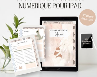May include: A digital pregnancy journal for iPad with a pink and brown watercolor background. The journal includes sections for contacts, calendar, medical, and belly measurements. The cover features a line drawing of a pregnant woman in a nude swimsuit. The text "DANS LE VENTRE DE Maman" is written in a white box on the cover.
