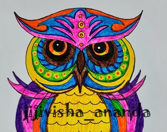 Zentangle art/ Bird drawings/ Owl colorful/ illustration drawings/zentangle pattern/ instant download/ Printable format