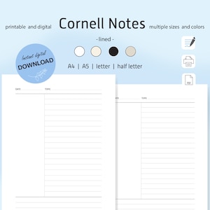 May include: Printable and digital Cornell Notes template in A4, A5, letter, and half letter sizes. The template is lined and comes in white, cream, and black. The text on the template says "Date" and "Topic".