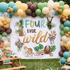 May include: A birthday party scene with a "Four Ever Wild" banner, balloons, and a small picnic table. The banner features jungle animals. Two children are present, one at the table and another playing with a toy jeep.