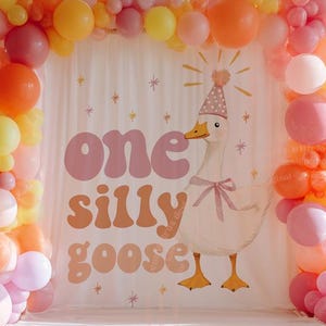 One silly goose birthday banner 1st first 1 bday party decor decoration backdrop photography background idea theme themed girl pink orange coral yellow peach blush muted boho minimal minimalist is fun bday bestseller duck colorful cute pretty adorable girly sweet illustration design soft pastel gingham floral bow vintage classic muted soft floral daughter onederful too silly wild one quack party hat retro