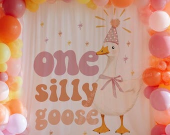 Pink One Silly Goose Birthday Banner, One Silly Goose 1st Birthday Backdrop for Girls, Vintage One Silly Goose Theme Photo Background Goose