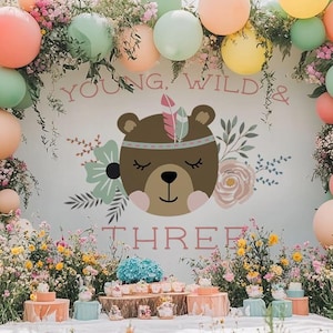 Wildflower 3rd Birthday Backdrop Young Wild & Three Back Drop, Wildflower Turning 3 Backdrop, Young Wild and Three Background, Girl 3rd Bday
