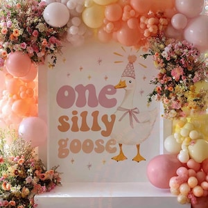 One silly goose birthday banner 1st first 1 bday party decor decoration backdrop photography background idea theme themed girl pink orange coral yellow peach blush muted boho minimal minimalist is fun bday bestseller duck colorful cute pretty adorable girly sweet illustration design soft pastel gingham floral bow vintage classic muted soft floral daughter onederful too silly wild one quack party hat retro