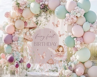 Pink Fairy First Birthday Banner, Fairy First Birthday Backdrop, Fairytale Princess Backdrop, Fairy Garden Watercolor Backdrop Photography