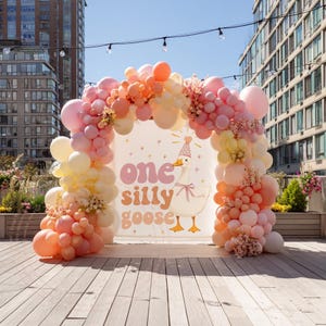 One silly goose birthday banner 1st first 1 bday party decor decoration backdrop photography background idea theme themed girl pink orange coral yellow peach blush muted boho minimal minimalist is fun bday bestseller duck colorful cute pretty adorable girly sweet illustration design soft pastel gingham floral bow vintage classic muted soft floral daughter onederful too silly wild one quack party hat retro