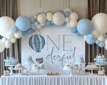 Heißluftballon-Dekor, Junge 1. Geburtstag Hintergrund, Herr Onederful Hintergrund, Blauer Heißluftballon-Hintergrund, Herr Onederful Heißluftballon-Banner