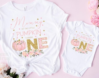Pink and Gold Pumpkin Birthday Shirts Mommy and Me One Little Pumpkin First Birthday Shirt Mama Pumpkin First Birthday Shirt Fall 1st Bday