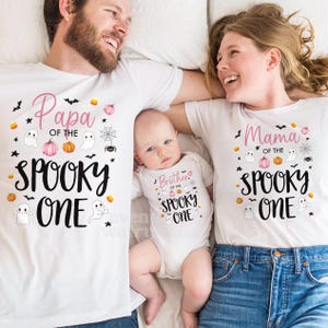 Spooky One Girl Birthday Outfit Cute Pink Booday Girl Spooky One Outfit 1st Boo Day Shirt Spooky One Birthday Party Girl Spookyone Onsie Tee boo day halloween themed October bday girly ghost pumpkin mama tshirt t-shirt top clothes apparel matching