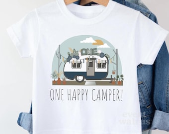 One Happy Camper Shirt, Vintage Baby Boy Birthday Shirt, Retro Camper Birthday Shirt, Boho Camping 1st Birthday Outfit Blue Camper Party Tee