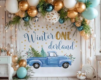 Blue and Gold Winter Onderland Backdrop, Boy 1st Birthday Backdrop, Christmas Tree Truck Banner, Blue Truck Photo Backdrop 1st Birthday Boy