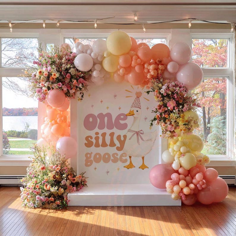 One silly goose birthday banner 1st first 1 bday party decor decoration backdrop photography background idea theme themed girl pink orange coral yellow peach blush muted boho minimal minimalist is fun bday bestseller duck colorful cute pretty adorable girly sweet illustration design soft pastel gingham floral bow vintage classic muted soft floral daughter onederful too silly wild one quack party hat retro