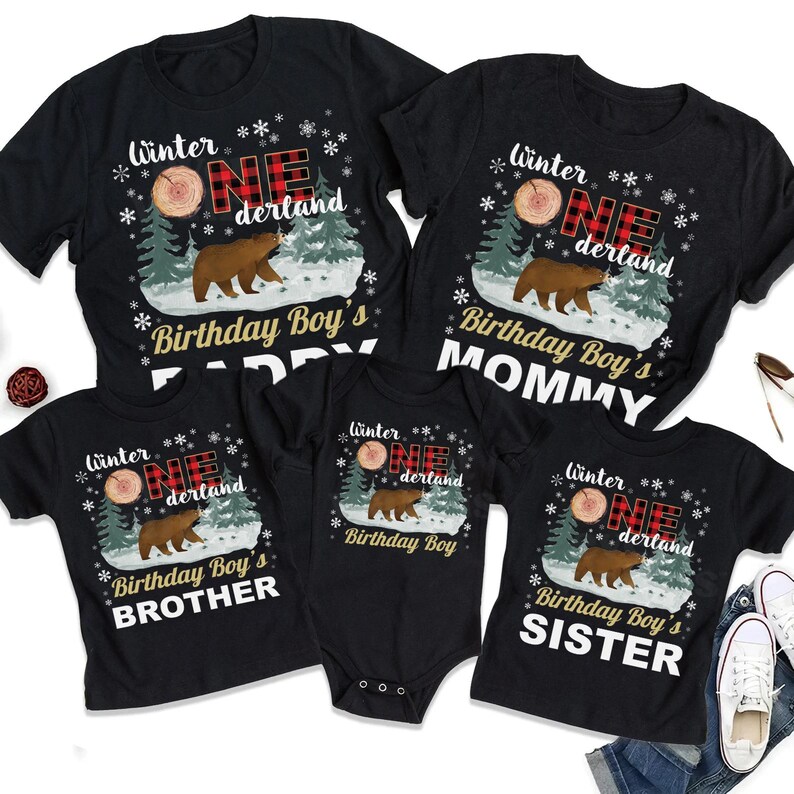 1 1derland 1st baby birthday dad daddy son derland first boy matching mama mom mommy onder onderland onederland one outfit shirt  t tee tshirt winter wonder wonderland forest bear woodland lumberjack tree farmhouse rustic red black buffalo plaid snow