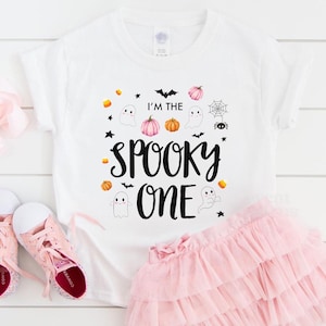 Spooky One Girl Birthday Outfit Cute Pink Booday Girl Spooky One Outfit 1st Boo Day Shirt Spooky One Birthday Party Girl Spookyone Onsie Tee boo day halloween themed October bday girly ghost pumpkin mama tshirt t-shirt top clothes apparel matching