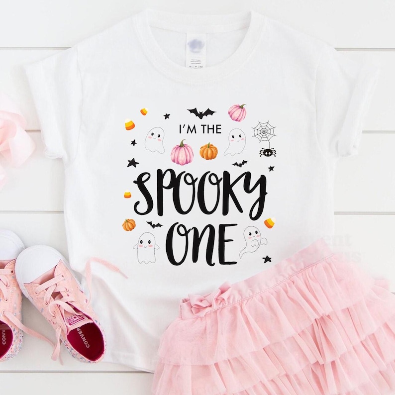 Spooky One Girl Birthday Outfit Cute Pink Booday Girl Spooky One Outfit 1st Boo Day Shirt Spooky One Birthday Party Girl Spookyone Onsie Tee boo day halloween themed October bday girly ghost pumpkin mama tshirt t-shirt top clothes apparel matching