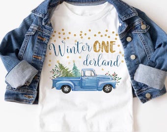 Blue Truck Winter Onederland 1st Birthday Christmas Shirt, Christmas Tree Truck Birthday Shirt, Blue Winter ONEderland Birthday Boy 1st Bday