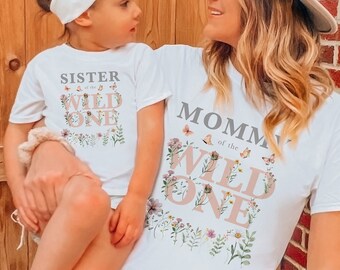 Girls Wild One Matching Family 1st Birthday Shirts Wildflower Floral Garden Party Greenery Butterflies First Birthday Party Tees Mom and Dad