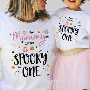 Spooky One Girl Birthday Outfit Cute Pink Booday Girl Spooky One Outfit 1st Boo Day Shirt Spooky One Birthday Party Girl Spookyone Onsie Tee boo day halloween themed October bday girly ghost pumpkin mama tshirt t-shirt top clothes apparel matching