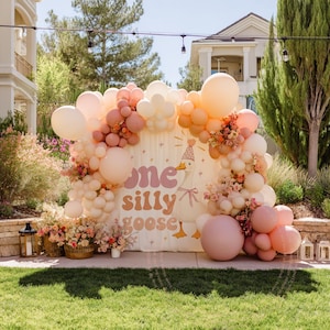 One silly goose birthday banner 1st first 1 bday party decor decoration backdrop photography background idea theme themed girl pink orange coral yellow peach blush muted boho minimal minimalist is fun bday bestseller duck colorful cute pretty adorable girly sweet illustration design soft pastel gingham floral bow vintage classic muted soft floral daughter onederful too silly wild one quack party hat retro
