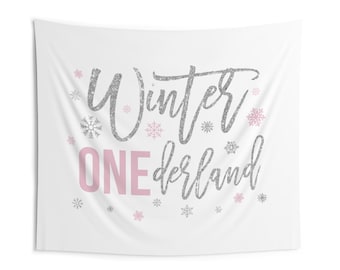 Winter Onederland Photo Backdrop, Winter Themed Party Banner, Winter Wonderland Cake Smash Backdrop, Pink and Silver 1st Birthday Banner