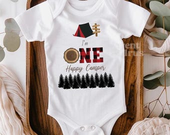 One Happy Camper Onsie Plaid First Birthday Outfit Lumberjack Camping Theme Shirt Red and Black Buffalo Plaid Birthday Boy 1st Camping Party