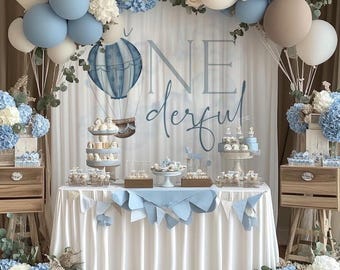 Mister Onederful Backdrop, Mr Onederful Banner, Blue Hot Air Balloon Birthday Theme, Hot Air Balloon Decorations, 1st Birthday Mr One Derful