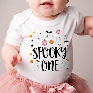 Spooky One Girl Birthday Outfit Cute Pink Booday Girl Spooky One Outfit 1st Boo Day Shirt Spooky One Birthday Party Girl Spookyone Onsie Tee boo day halloween themed October bday girly ghost pumpkin mama tshirt t-shirt top clothes apparel matching