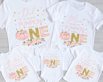 Pumpkin Birthday Family Shirts Girl 1st Birthday Shirts Gold and pink Pumpkin First Birthday Shirt One Pumpkin Outfit Mommy Pumpkin Daddy
